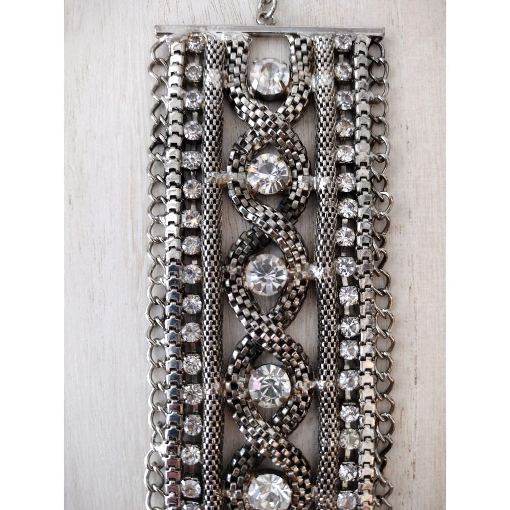 Vintage-Style Wide Silver/Pewter-Tone Cuff Bracelet with Rhinestones Accents - Picture 4 of 11